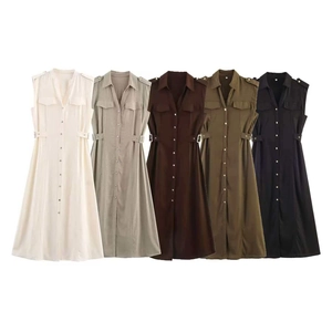Women's Sleeveless Linen Utilitarian Shirt Dress Button Down Belted Safari Style Midi Dress With Pockets Casual Office Wear