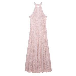 Pale pink halter neck maxi dress featuring 3D jacquard texture and A-line silhouette
