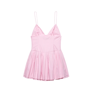 Elegant summer pink striped mini dress with adjustable spaghetti straps and V-neckline