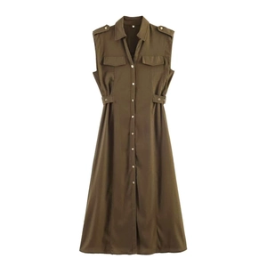 Military green sleeveless button-down shirt dress with waist belts and pleated A-line skirt
