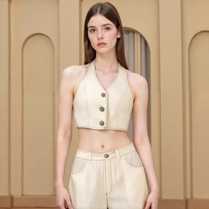 Haut Dos Nu En Coton Et Lin Décontracté Pour Femmes Et Short Taille Haute Avec Surpiqûres Contrastées Blanc Crème Été