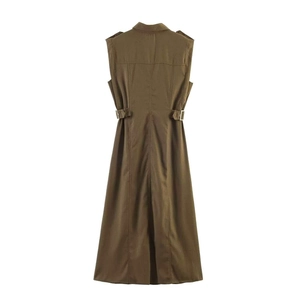 Detail view of olive green sleeveless dress back with epaulettes and waist buckle straps