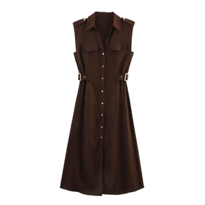 Brown sleeveless utility dress with buttons, lapel collar, and matching waist belt