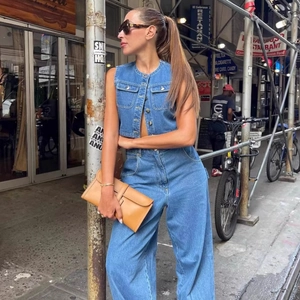 Women's 2025 casual blue denim set with sleeveless buttoned vest and wide leg pants