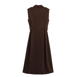 Detail of dark brown sleeveless dress showing trench coat style back and waist buckles
