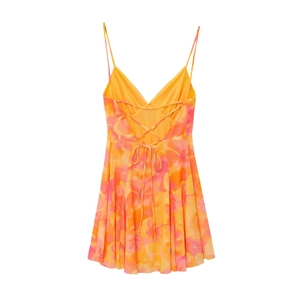 Women's summer floral backless mini dress with lace-up straps and abstract print