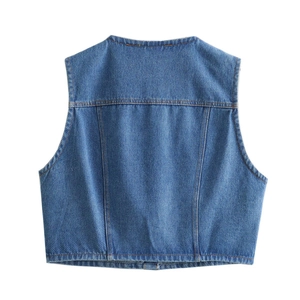 Women's blue denim vest featuring a round neck and utility stitch detail on back view