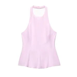 Women Sexy Halter Tank Top Backless Peplum Hem Sleeveless Ruffle Summer Vest Top Solid Color Sweet Style Vest Top