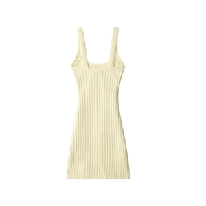 Elegant beige ribbed knit bodycon dress with square neck and wide straps in a sleek design