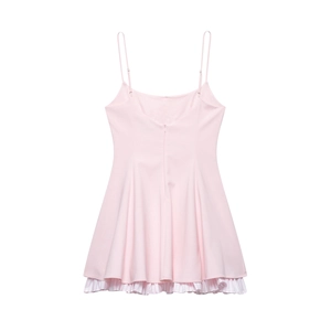 Pink spaghetti strap dress with striped ruffle hem and back invisible zipper detail