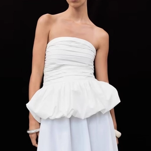 Top a Tubino Bianco da Donna Senza Spalline Sexy Slim Fit Plissettato Peplo Senza Maniche Estate Moda Party Clubwear Top