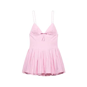 Women Summer Elegant Pink White Striped Spaghetti Strap Dress V-Neck Bow Pleated High Waist Sleeveless A-Line Midi Dress