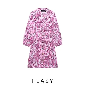 Women V Neck Floral Print Long Sleeve Mini Dress With Waist Tie And Ruffle Hem Casual Summer Beach Party Sundress