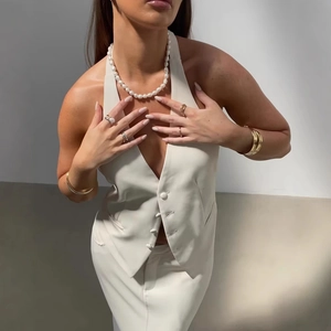 Summer V-neck halter vest for women in beige with decorative buttons and matching jewelry