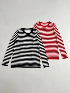 Flat lay of striped long sleeve crew neck t-shirts in classic black, white and red colors