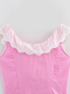 Close-up of lace collar with embroidery on pink gingham slim fit sleeveless top