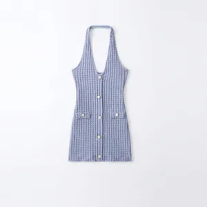 Robe Courte en Tricot Dos Nu Col en V pour Femmes Boutons Dorés Sans Manches Dos Nu Été Bodycon Streetwear Bleu