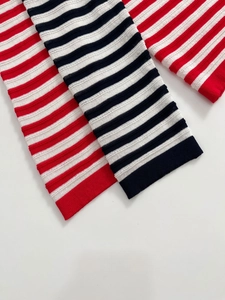 Macro shot of high-elasticity ribbed knit fabric in red, black and white stripes