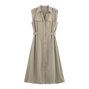 Sleeveless khaki shirt dress with button-down front, chest pockets, and waist belt detail