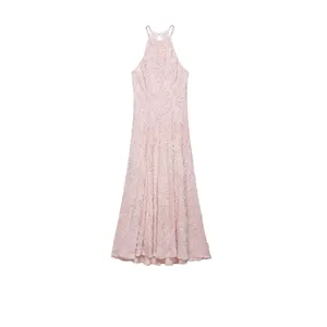 Women Halter Neck Maxi Dress Elegant Shaggy Fringe Jacquard Floral Sleeveless A-Line Backless Dress For Wedding Party Summer Wear