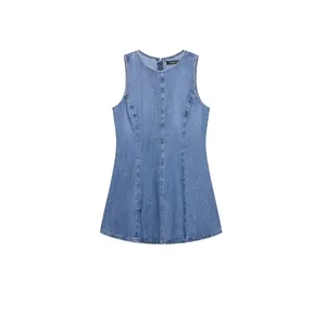 Women Elegant Sleeveless Denim Mini Dress Round Neck Casual A-Line Washed Blue Cotton Blend Short Sun Dress For Summer