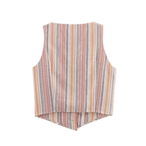 Gilet senza maniche da donna con strisce verticali colorate e orlo irregolare a punta