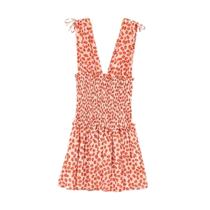 Women's summer floral mini dress with V-neck, tie straps and smocked bodice detail