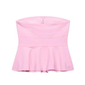 Pink strapless peplum top with front bow detail and flattering slim fit for summer