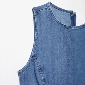Women's sleeveless denim dress with a round neck and back zipper in classic blue