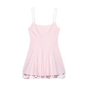 Women Pink Spaghetti Strap Dress Striped Patchwork Ruffle Hem Sweet Summer A-Line Midi Dress For Vacation Casual Style