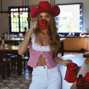 Women's summer red gingham slim vest with lace trim and buttons in retro style