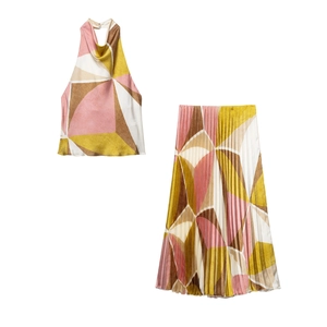 Geometric Print Halter Neck Top And Pleated Midi Skirt For Women Summer Casual Sleeveless Satin Texture Two Parts Clothing
