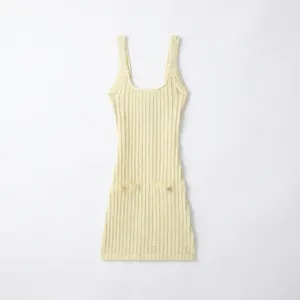 Elegant Knitted Bodycon Mini Dress For Women Summer Sleeveless Square Neck Ribbed Knit Dress With Gold Buttons Pockets