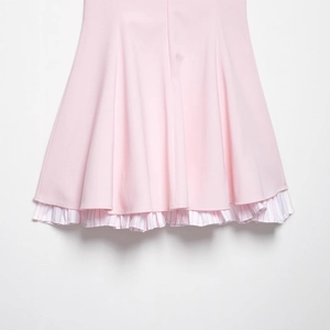 Pink patchwork dress with vertical striped pleated hem and sweet waist-cinching silhouette
