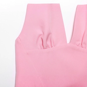 Elegant pink V-neck knitted dress with pleated details and waist belt for women
