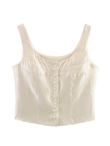 Detail of champagne satin vest showing the front row of color-matched buttons