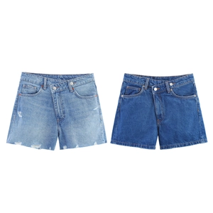 Women Asymmetrical Crossed Waist Denim Shorts High Waisted Distressed Frayed Hem Casual Straight Leg Summer Shorts Blue