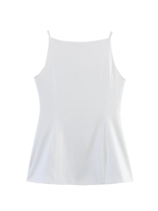 Detail of white minimalist spaghetti strap top with straight neckline and textured fabric