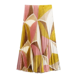 Women's pleated midi skirt featuring a vibrant geometric print with yellow and pink patterns