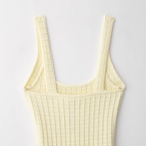 Elegant pale yellow ribbed knit bodycon dress for women featuring wide shoulder straps