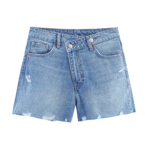 Women's light blue high-waisted denim shorts with asymmetric crossover waist and distressed hem