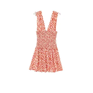 Women Summer Floral Mini Dress Shirred Elastic Waist Deep V-Neck Tie Shoulder Sleeveless A-Line Ruffle Vacation Beach Dress