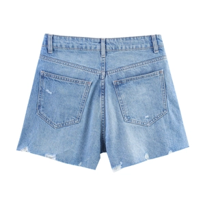 Back view of light blue loose denim shorts with distressed frayed hem and back pockets