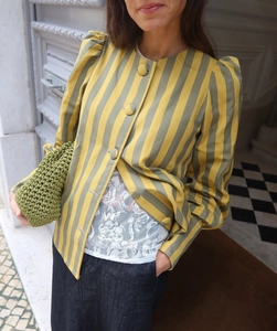 Detail of yellow and green striped casual shirt with puff sleeves and oversized buttons