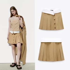 Mini-jupe Plissée à Taille Haute pour Femmes Blocs de Couleur Taille Contrastée Détail de Bouton Style Preppy Décontracté Été Jupe Courte en Ligne A