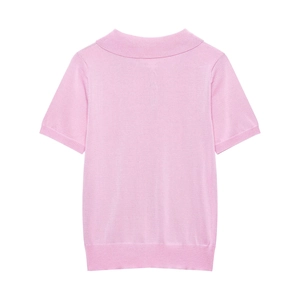 Haut en tricot rose clair à manches courtes avec col rond et ourlet côtelés pour femmes