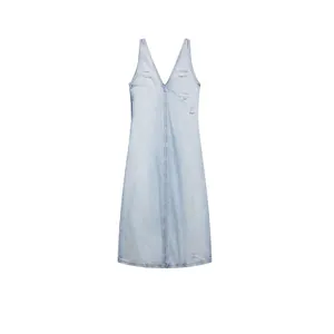 Damen Casual Ärmellos Deep V-Neck Zerfetzt Denim Maxi Kleid Gewaschen Hellblau Ripped Lange Slip Jumper Kleid Sommer