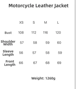 Size chart for faux leather biker jacket with chest, shoulder and length dimensions in cm