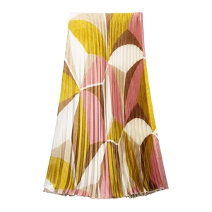 Women's pleated midi skirt with colorful geometric print and artistic color block design