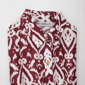 Women's vintage loose floral print short-sleeved shirt with red ethnic pattern